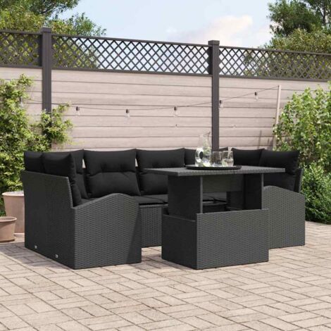 Ensemble Salon de Jardin en Polyrotin Noir 7 Pièces avec Table en Verre et Coussins, Modulaire, Pliable, 6 Places, Résistant aux UV (1/5)
