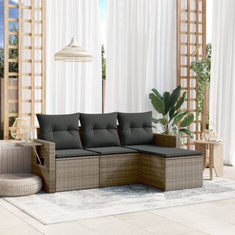 Ensemble Salon de Jardin 4 Pièces en Résine Tressée Gris avec Coussins Amovibles, Table d'Appoint et Rangement Eau (1/3)