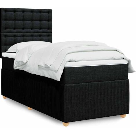 Lit à Sommier Tissu Noir avec Matelas à Ressorts Ensachés et LED, 90x200 cm, Tête de Lit Réglable et Surmatelas Inclus (1/5)