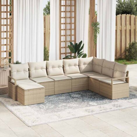 Salon de Jardin 8 Places en Polyrotin Beige avec Coussins et Plateau (1/5)