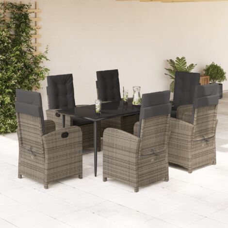 Ensemble de Jardin 7 pièces Gris avec 6 Chaises Inclinables, Table en Verre 160 cm et Coussins Lavables (1/5)