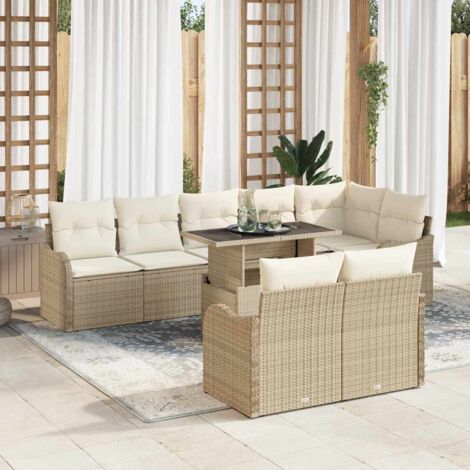 Ensemble Salon Jardin 9 Places Gris Polyrotin Canapé Modulaire + Table Verre (1/5)