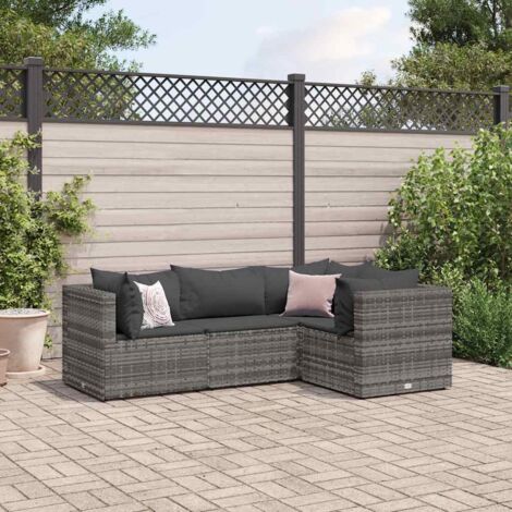 Ensemble de salon jardin modulaire 4 places, gris, en résine tressée rotin synthétique sur cadre acier, avec 7 dossiers et 4 coussins épais. (1/5)