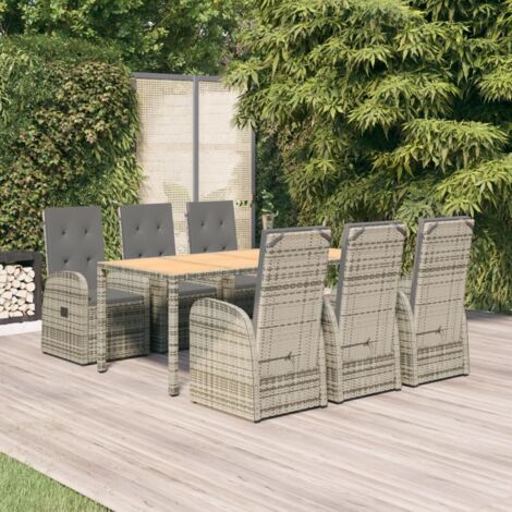 Ensemble Jardin 7 Pièces Gris Table 190x90 cm en Acacia + 6 Chaises Polyrotin Réglables Intempéries + Coussins Offerts (1/5)