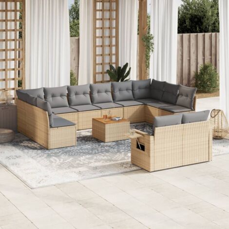 Salon de Jardin 13 Places avec Coussins Gris en Résine Tressée et Bois d'Acacia - Ensemble Modulaire Beige (1/5)