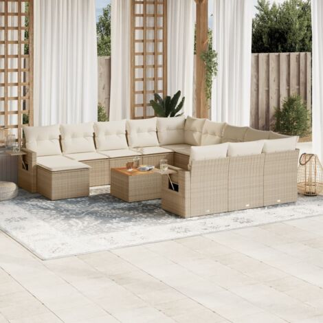 Ensemble de salon de jardin 13 pièces beige résine tressée, canapés modulaires avec rangement et coussins blanc crème, 12 sièges + table acacia et repose-pied (1/3)