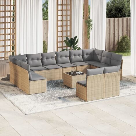 Ensemble Salon de Jardin en Résine Tressée, 13 Pièces (12 Coussins Inclus), Modèle Modulaire avec Table en Verre Trempé, Couleur Beige et Gris (1/3)