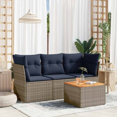Ensemble Salon de Jardin Modulaire 4 Pièces en Résine Tressée Gris, Table en Acacia, Coussins Bleu Marine, 2 Fauteuils d'Angle + 1 Central, avec Rangement Intégré (1/5)