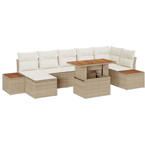 Ensemble de canapé jardin 8 places en polyrotin beige - Salon extérieur modulable avec rangement (1/5)