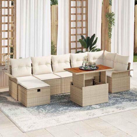 Ensemble Salon de Jardin 8 Pièces en Polyrotin Beige avec Table à Hauteur Réglable et Sièges Modulables de Rangement (1/5)