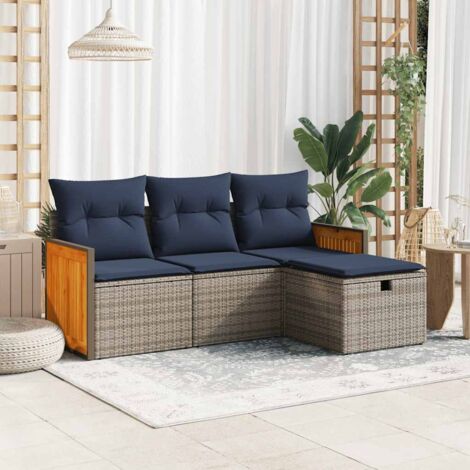 Canapé de Jardin Extérieur 4 Places en Résine Tressée Gris avec Coussins Bleu Marine et Rangement Intégré pour Patio Terrasse ou Arrière-cour, Cadre Acier Revêtu Poudre Résistant aux Intempéries. (1/5)