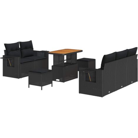 Ensemble salon de jardin 8 places noir polyrotin avec coussins, modulable et durable, table réglable en hauteur, bois d'acacia, résistant aux UV (1/5)