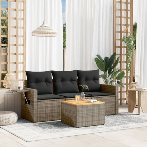 Canapé 3 Places de Jardin avec Table en Résine Tressée Gris et Accoudoirs à Tablettes Pliantes, Set 4 Pièces Incluant Coussins et Stockage Imperméable (1/3)