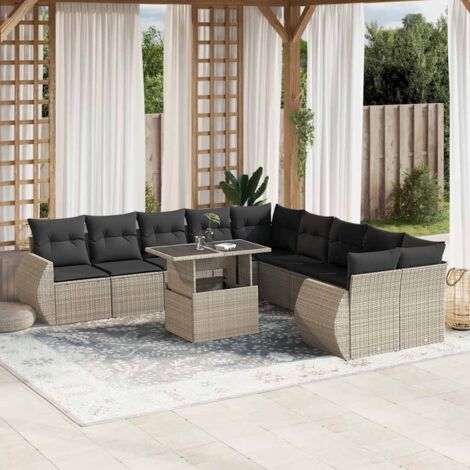 Ensemble de jardin en résine tressée, 11 pièces avec table réglable, coussins gris et anthracite (1/5)