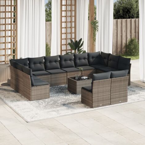 Salon de jardin modulaire 13 pièces, résine tressée grise, table verre trempé, canapé extérieur avec coussins amovibles lavables (1/3)