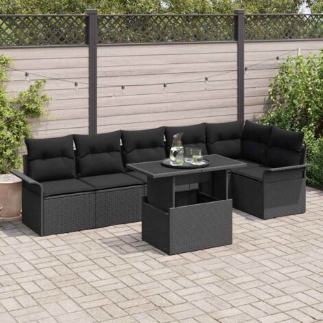 Canapé de Jardin 7 Pièces en Polyrotin Noir Modulable avec Coussins et Table (1/5)