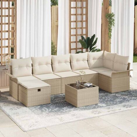 [Ensemble de Salon de Jardin] [Modulaire 8 Pièces] [Canapés d'Angle en Polyrotin Beige avec Table et Pouf Rangement] [Design Tissé Main, Résistant UV et aux Intempéries] [Livré avec Coussins] (1/5)
