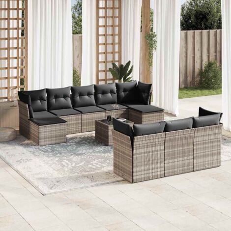 Ensemble de salon jardin 11 pièces gris clair en résine tressée (4 sièges centraux, 4 sièges d'angle, 2 tabourets, 1 table) avec coussins lavables (1/5)
