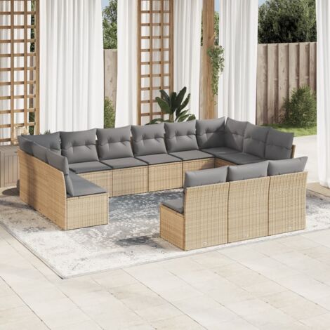 Ensemble modulaire Salon Jardin 13 Pièces Résine Tressée Beige avec Coussins Gris et Rangement (1/3)