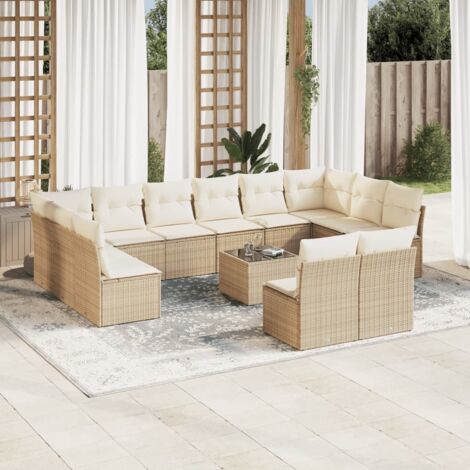 Meuble de jardin 13 pièces en résine tressée beige avec coussins blanc crème et table en verre trempé (1/3)