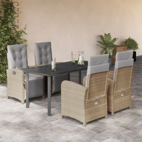 Ensemble de Jardin 5 Places en Polyrotin Beige, Table Verre Trempé Noire et Coussins Gris (1/5)