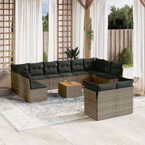 Ensemble salon de jardin 13 pièces gris résine tressée rotin synthétique avec coussins, table en acacia (1/3)