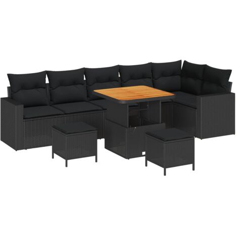 Canapé de Jardin Noir en Polyrotin, Ensemble 9 Pièces avec Table et Tabourets, Modulable, Design Moderne, Extérieur Durable et Facile d'Entretien (1/5)