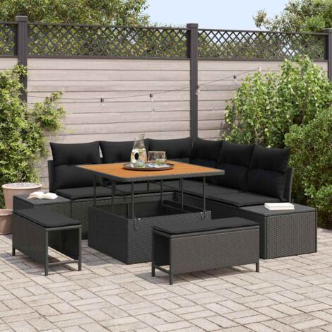 Ensemble 9 pièces Salon de Jardin en Polyrotin Noir avec Table Acacia, Fonction Rangement et Coussins Lavables - Modulable (1/5)