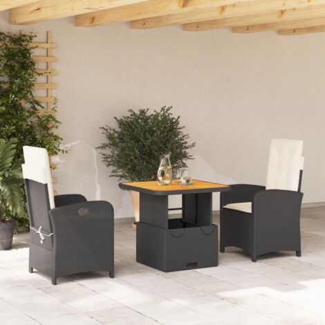 Ensemble de salle à manger de jardin noir avec coussins 3 pièces - Table et chaises inclinables en résine tressée, verre trempé (1/5)