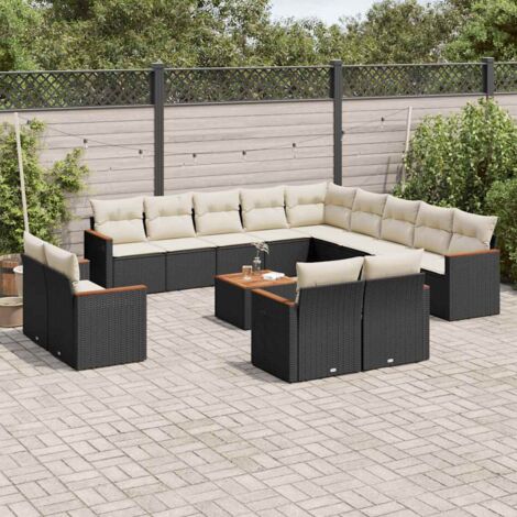 Ensemble de jardin 3 pièces noir avec inclinables : table en acacia massif 90x90, chaises en résine tressée, coussins blanc crème lavables - Portée max 110kg (1/3)