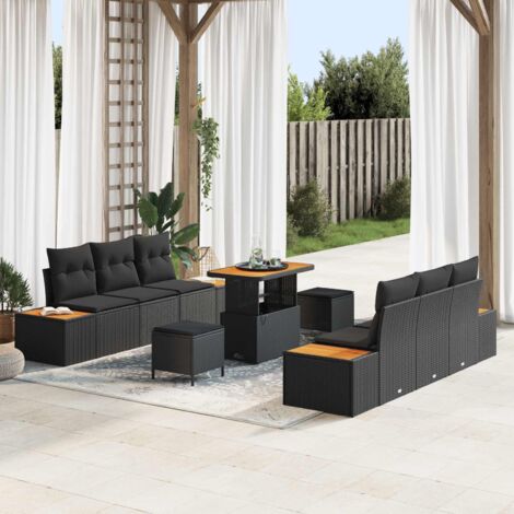 Ensemble de jardin modulaire 9 pièces Noir Poly rotin avec canapés, poufs et table en acacia convertible (1/5)