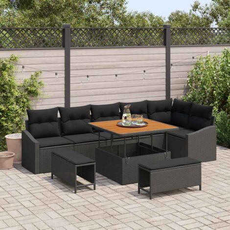 Ensemble Salon de Jardin 9 Pièces Noir Polyrotin Résistant avec Table - Canapé, Pouf et Sièges d'Angle Acacia (1/5)