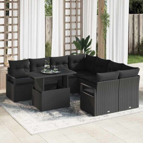 Ensemble de Jardin en Polyrotin Noir avec Table Acacia et Coussins 3 Pièces - Modèle Relax (1/5)