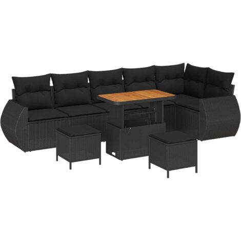Ensemble salon de jardin 9 pièces en poly rotin noir avec coussins, bois d'acacia massif, modulaire, design moderne et durable pour terrasse (1/5)