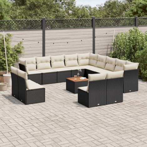 Ensemble de Jardin 11 Pièces Table et Chaises Tressées Noir avec Coussins Crème, Table en Acacia (275 cm) (1/3)