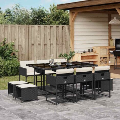 Canapé Modulaire d'Extérieur Noir 6 Pièces avec Table Acacia, Ensemble Jardin en Polyrotin Résistant aux Intempéries, Meuble Terrasse Modulable 5 Places avec Coussins (1/5)