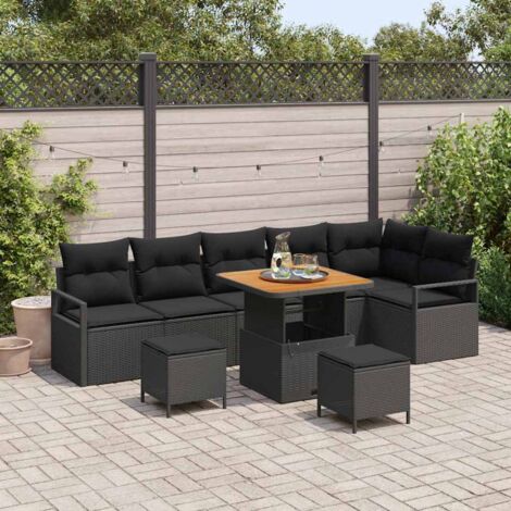 Ensemble de Jardin 11 Pièces en Résine Tressée Noire - Table Verre Trempé + 6 Chaises et 4 Tabourets avec Coussins Amovibles Lavables, Mobilier d'Extérieur Compact et Durable (1/5)