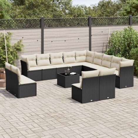 Ensemble canapé 6 places jardin modulable polyrotin noir avec coussins et table acacia (1/5)