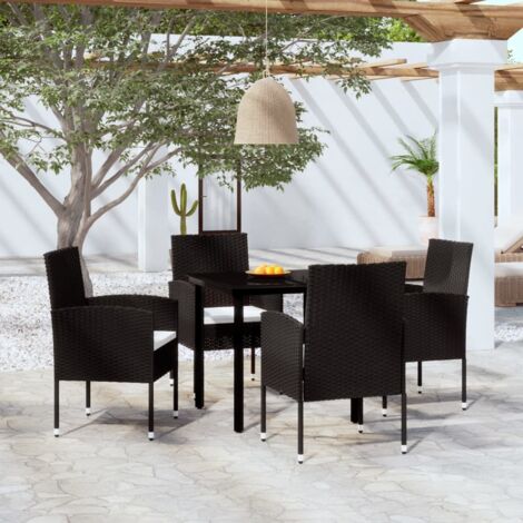 Ensemble de Jardin 11 Pièces en Résine Tressée Noir avec Coussins Crème, Table Verre Trempé 165cm, Chaises Dossier Rabattable, Salon Exterieur (1/5)