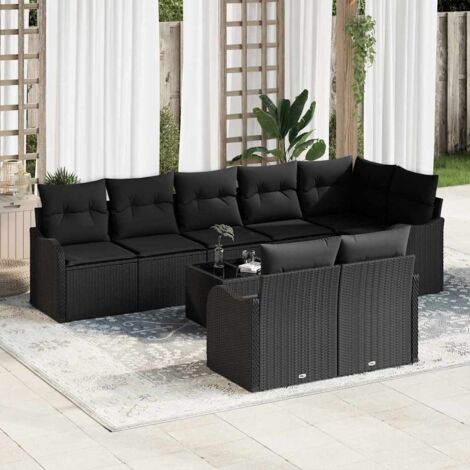Ensemble Jardin Reposant 3 Pièces Noir Table Verre Trempé 80x80cm + 2 Fauteuils inclinables Polyrotin 110kg/chaise Coussins Crème Lavables (1/5)