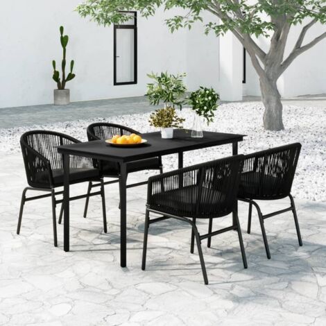 Ensemble de Jardin à Manger 5 Pièces - Table Acacia et Chaises Tressées Noir avec Coussins Crème, Design Ergonome (1/5)