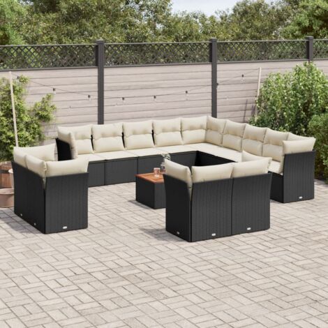 Lot Salon de Jardin Résine Tressée Noir 14 Pièces avec Coussins – Modulaire, Stockage et Acacia (1/5)