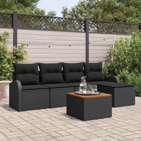 Ensemble salon de jardin modulaire 6 pièces en polyrotin noir avec coussins et table - 2 sièges centraux, 2 latéraux, pouf (1/5)