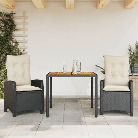 Ensemble de Jardin Salon 3 Pièces Noir avec Coussins Crème - Table et Banc en Résine Tressée et Verre (1/5)