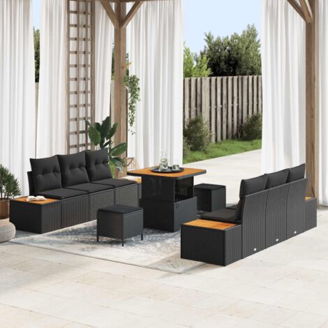 Ensemble de Jardin en Résine Tressée Noir 11 Pièces avec Coussins - Table 275cm et Chaises avec Dossier Rabattable (1/5)