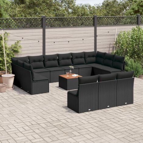 Canapé Jardin 6 Places Polyrotin Noir avec Table Verre et Coussins (1/3)