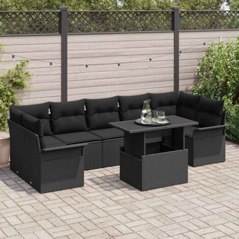 Canapé de Jardin Modulaire 8 Places en Poly Rotin Noir avec Table et Coussins - Ensemble 8 Pièces (1/5)