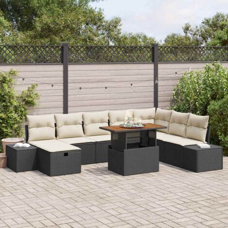 [Ensemble de Jardin 6 Pièces] [Sans Marque] [Modulaire Noir] [Canapé Polyrotin avec Coussins et Table Acacia] (1/5)