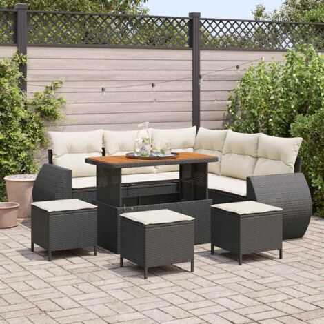 Ensemble de Jardin 7 Places avec Coussins - Table Acacia - Rangement Intégré - Modulaire - Noir (1/5)