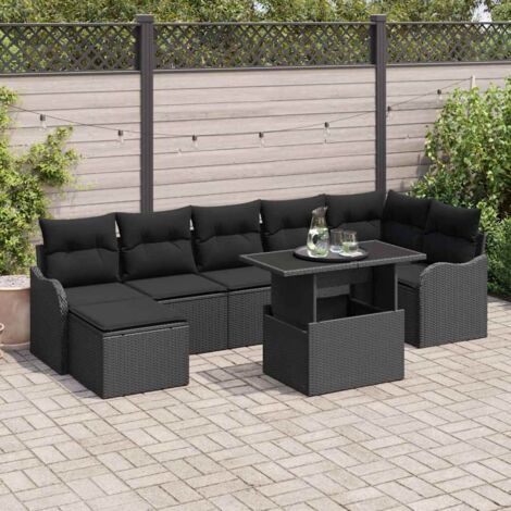 Ensemble salon de jardin Noir 8 pièces modulaire en poly rotin et bois d'acacia (1/5)